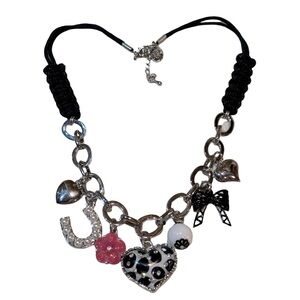 Black & Silver Charm‎ Necklace with Hearts, Horseshoe, Flower and Bow
